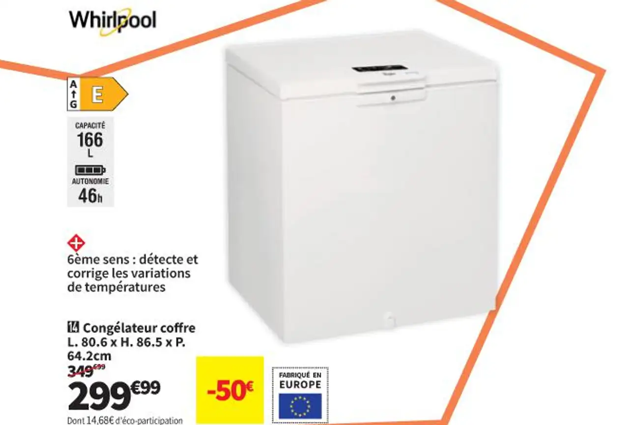 Congélateur coffre L. 80.6 x H. 86.5 x P. 64.2cm whirlpool