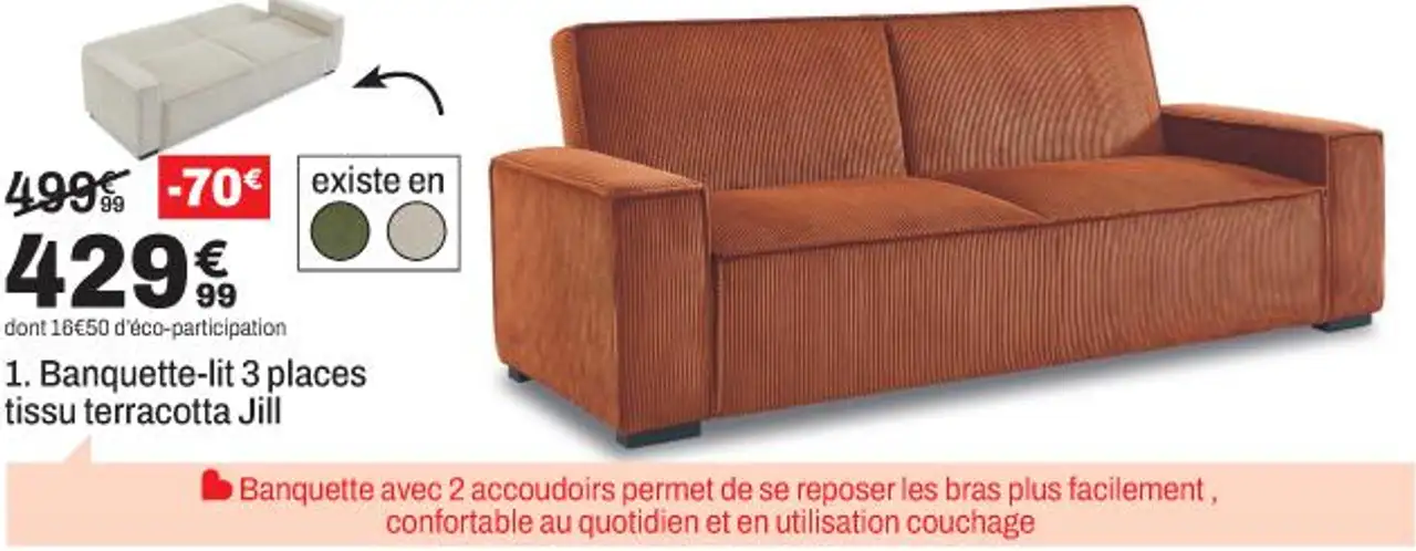 Banquette-lit 3 places tissu terracotta Jill