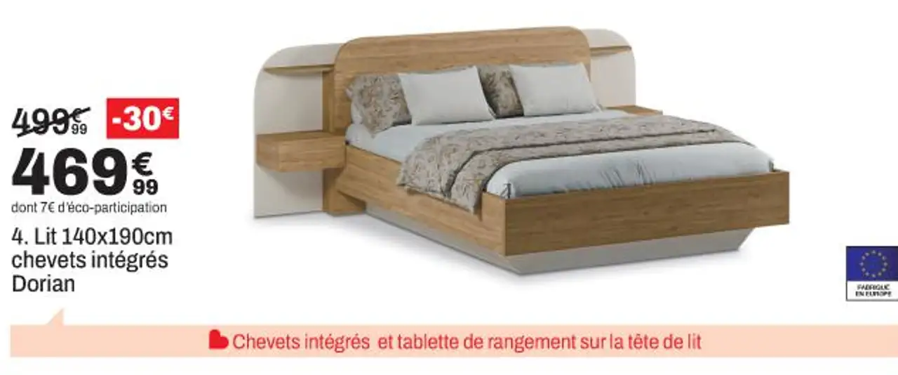 Lit 140x190cm chevets intégrés Dorian