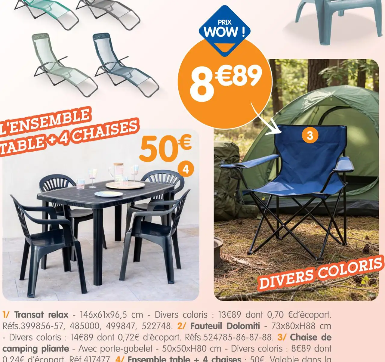 Chaise de camping pliante - Avec porte-gobelet - 50x50xH80 cm - Divers coloris