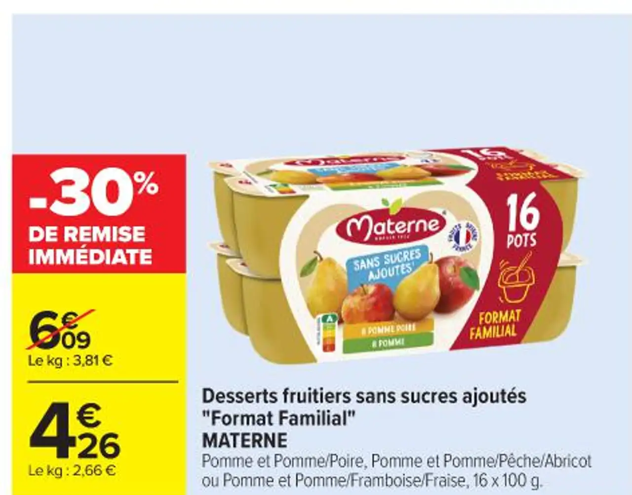 Desserts fruitiers sans sucres ajoutés "Format Familial" MATERNE