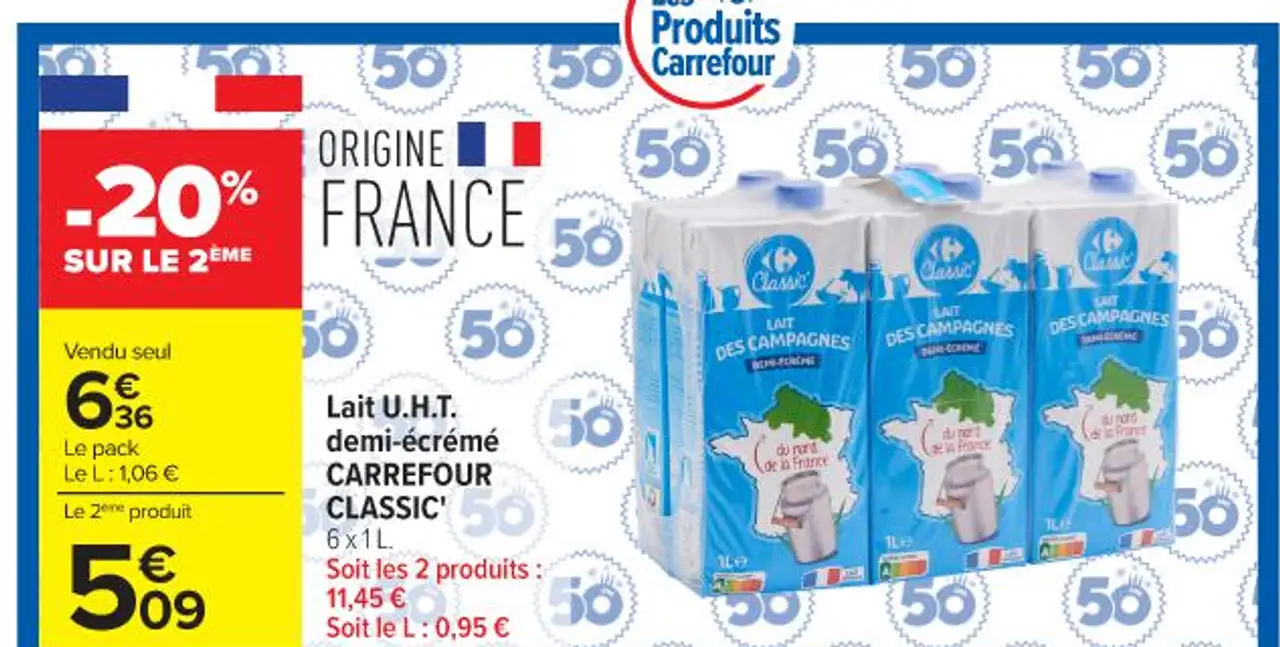 Lait U.H.T. demi-écrémé CARREFOUR CLASSIC'