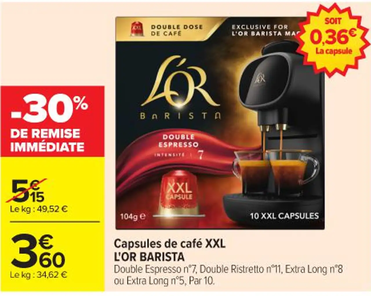 Capsules de café XXL L'OR BARISTA Double Espresso n°7, Double Ristretto n°11, Extra Long n°8 ou Extra Long n°5, Par 10.
