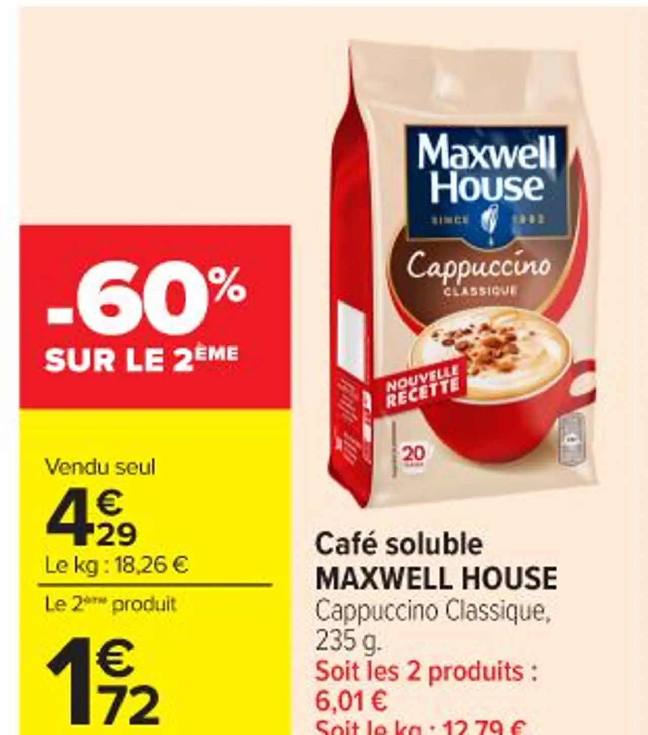 Café soluble MAXWELL HOUSE Cappuccino Classique, 235 g.