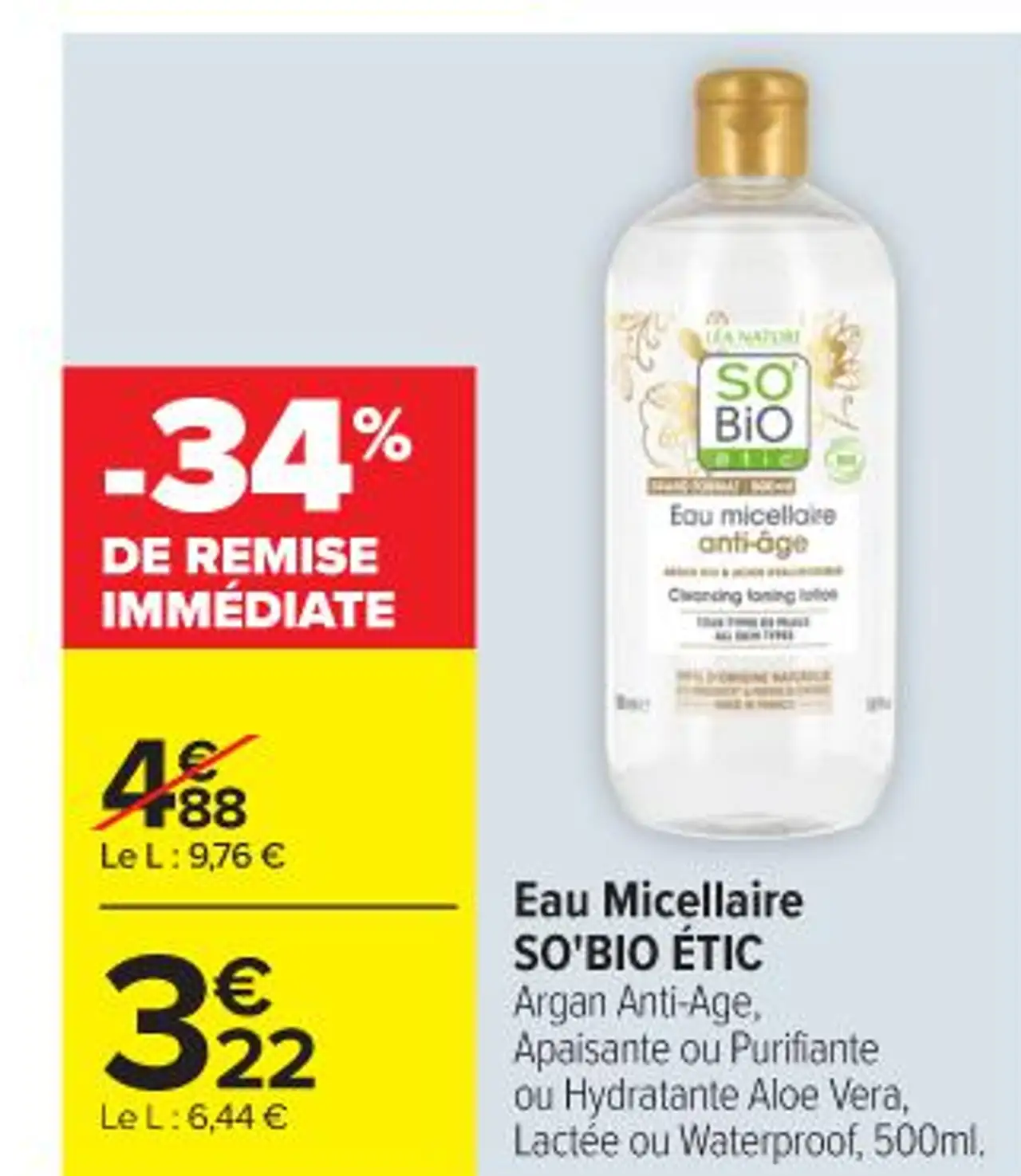 Eau Micellaire SO'BIO ÉTIC Argan Anti-Age, Apaisante ou Purifiante ou Hydratante Aloe Vera, Lactée ou Waterproof, 500ml.