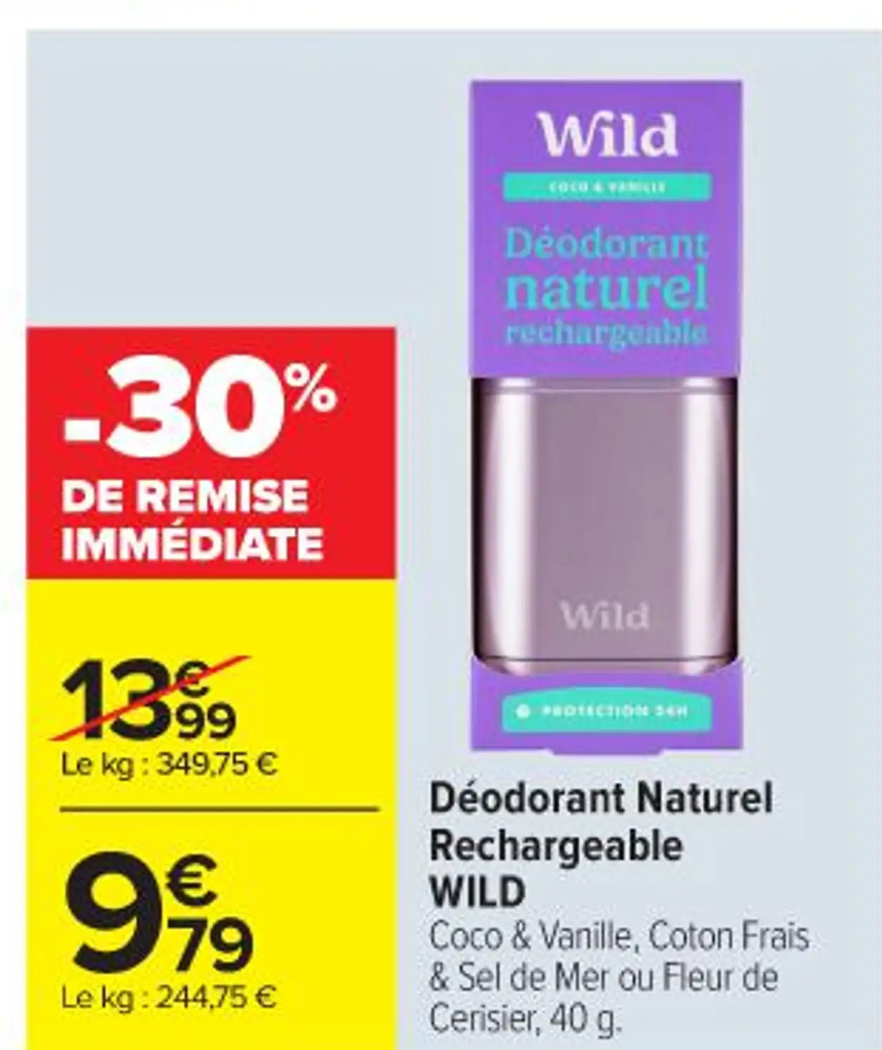 Déodorant Naturel Rechargeable WILD Coco & Vanille, Coton Frais & Sel de Mer ou Fleur de Cerisier, 40 g.