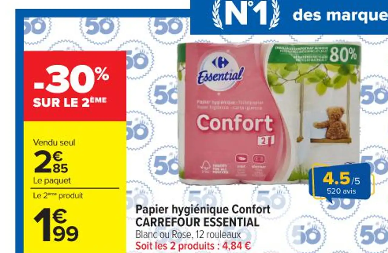 Papier hygiénique Confort CARREFOUR ESSENTIAL Blanc ou Rose, 12 rouleaux