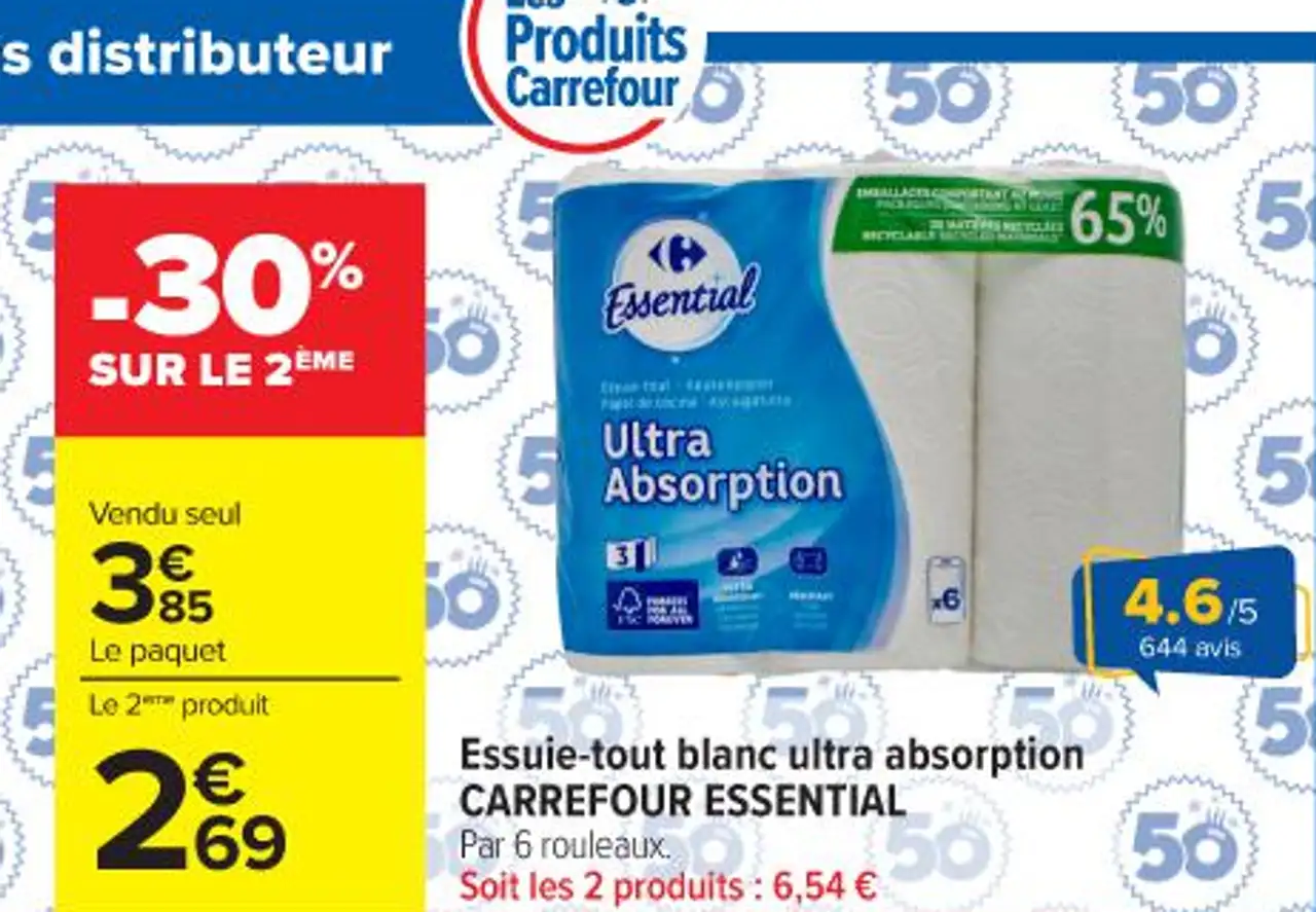 Essuie-tout blanc ultra absorption CARREFOUR ESSENTIAL Par 6 rouleaux.