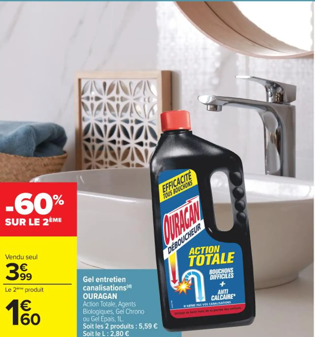 Gel entretien canalisations(d) OURAGAN Action Totale, Agents Biologiques, Gel Chrono ou Gel Epais, 1L.