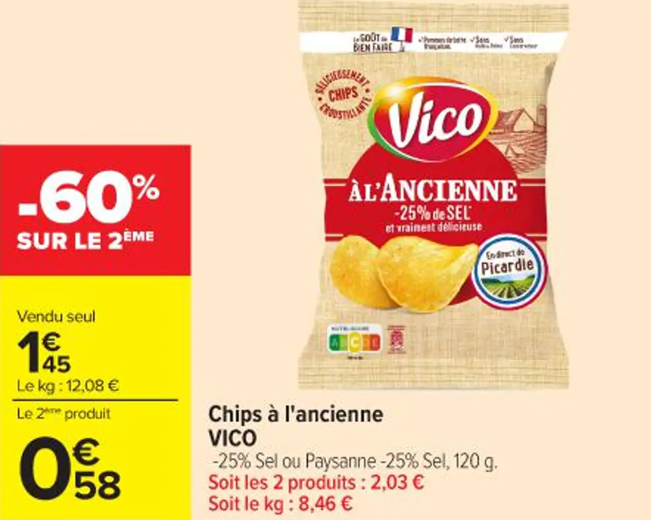 Chips à l'ancienne VICO -25% Sel ou Paysanne -25% Sel, 120 g.