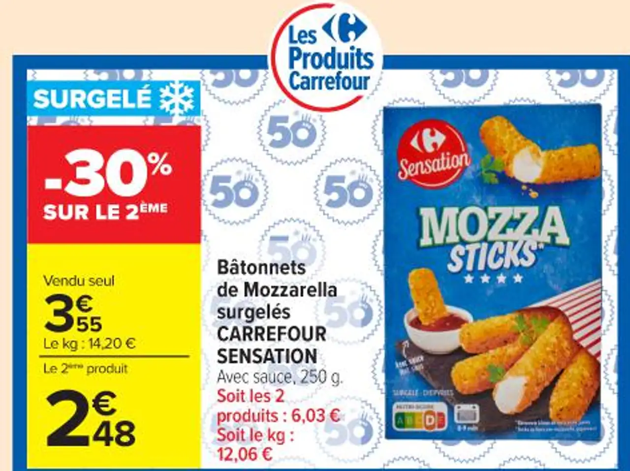 Bâtonnets de Mozzarella surgelés CARREFOUR SENSATION Avec sauce, 250 g.