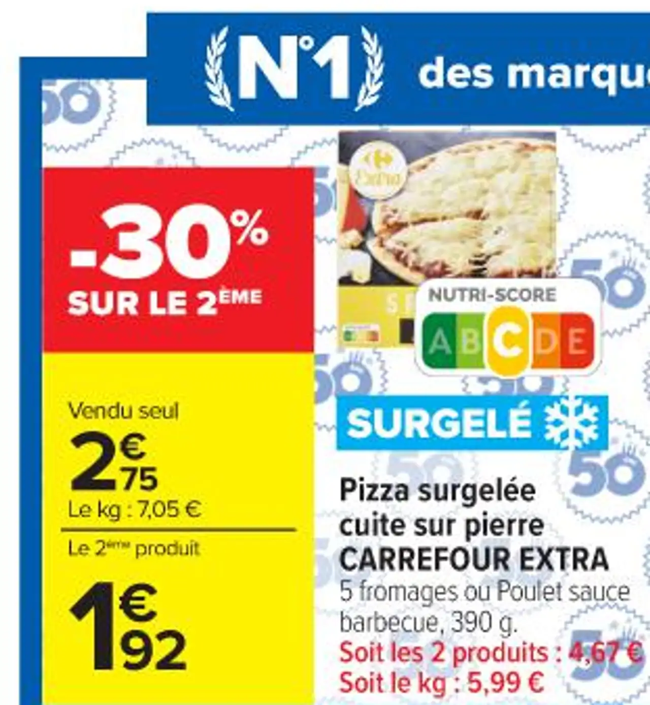 Pizza surgelée cuite sur pierre CARREFOUR EXTRA 5 fromages ou Poulet sauce barbecue, 390 g. Soit les 2 produits : 4,67 €