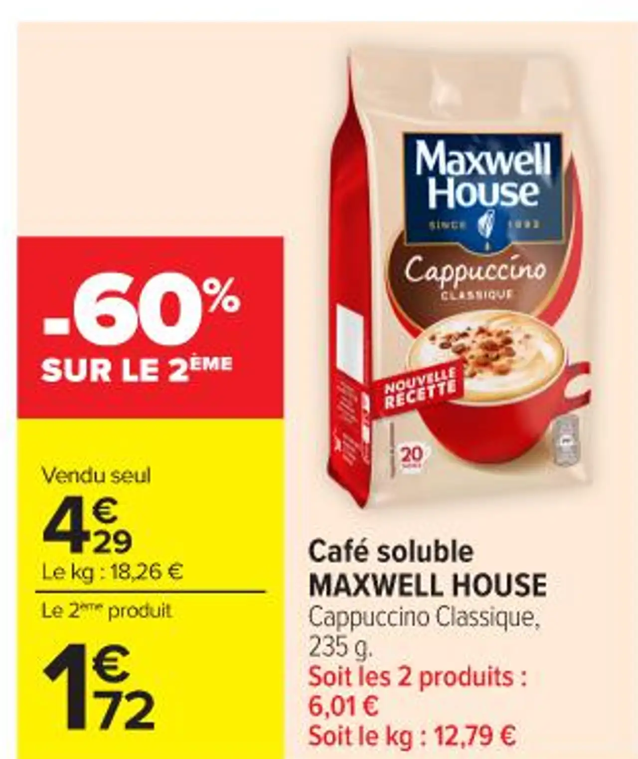 Café soluble MAXWELL HOUSE Cappuccino Classique, 235 g.