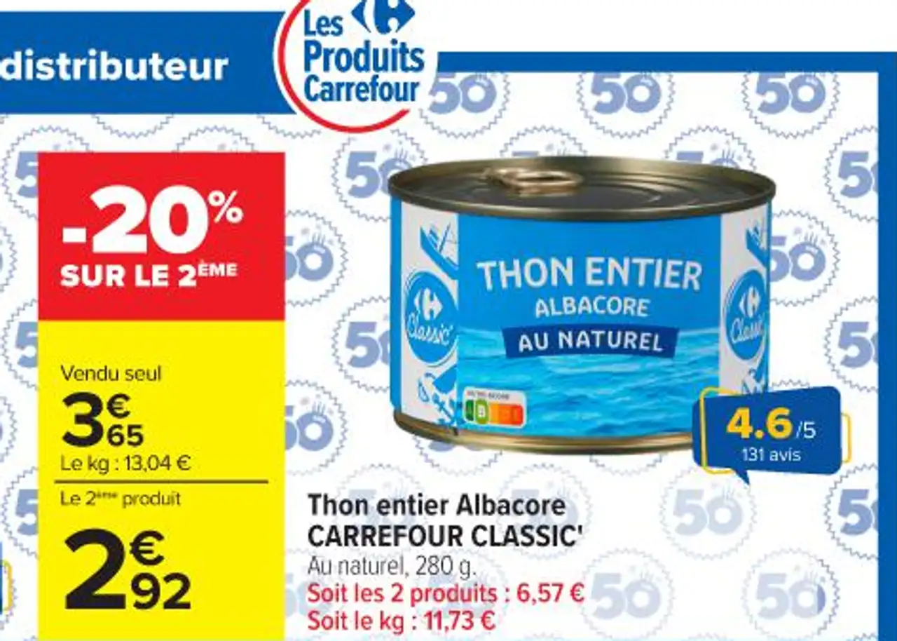 Thon entier Albacore CARREFOUR CLASSIC' Au naturel, 280 g.