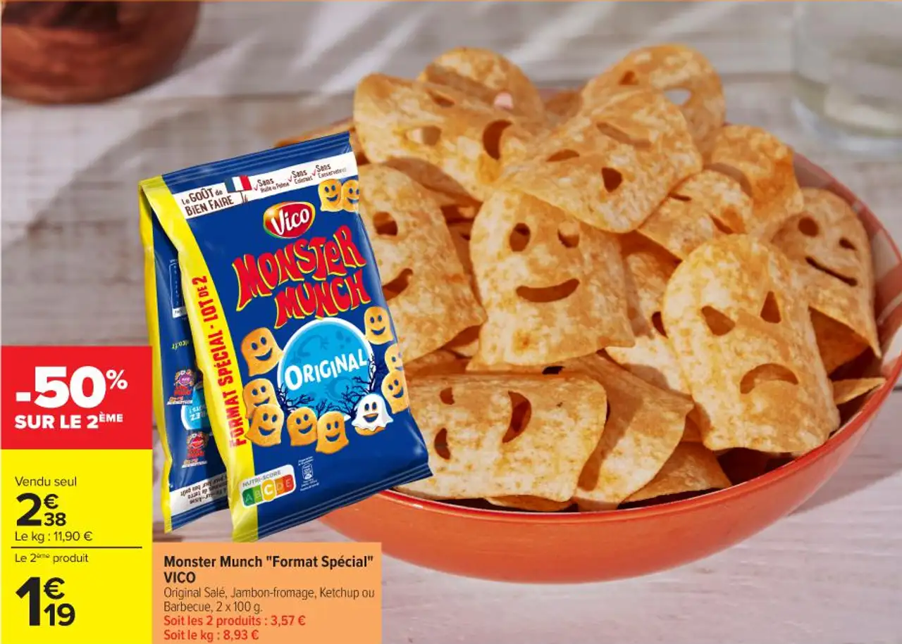 Monster Munch "Format Spécial" VICO Original Salé, Jambon-fromage, Ketchup ou Barbecue, 2 x 100 g.