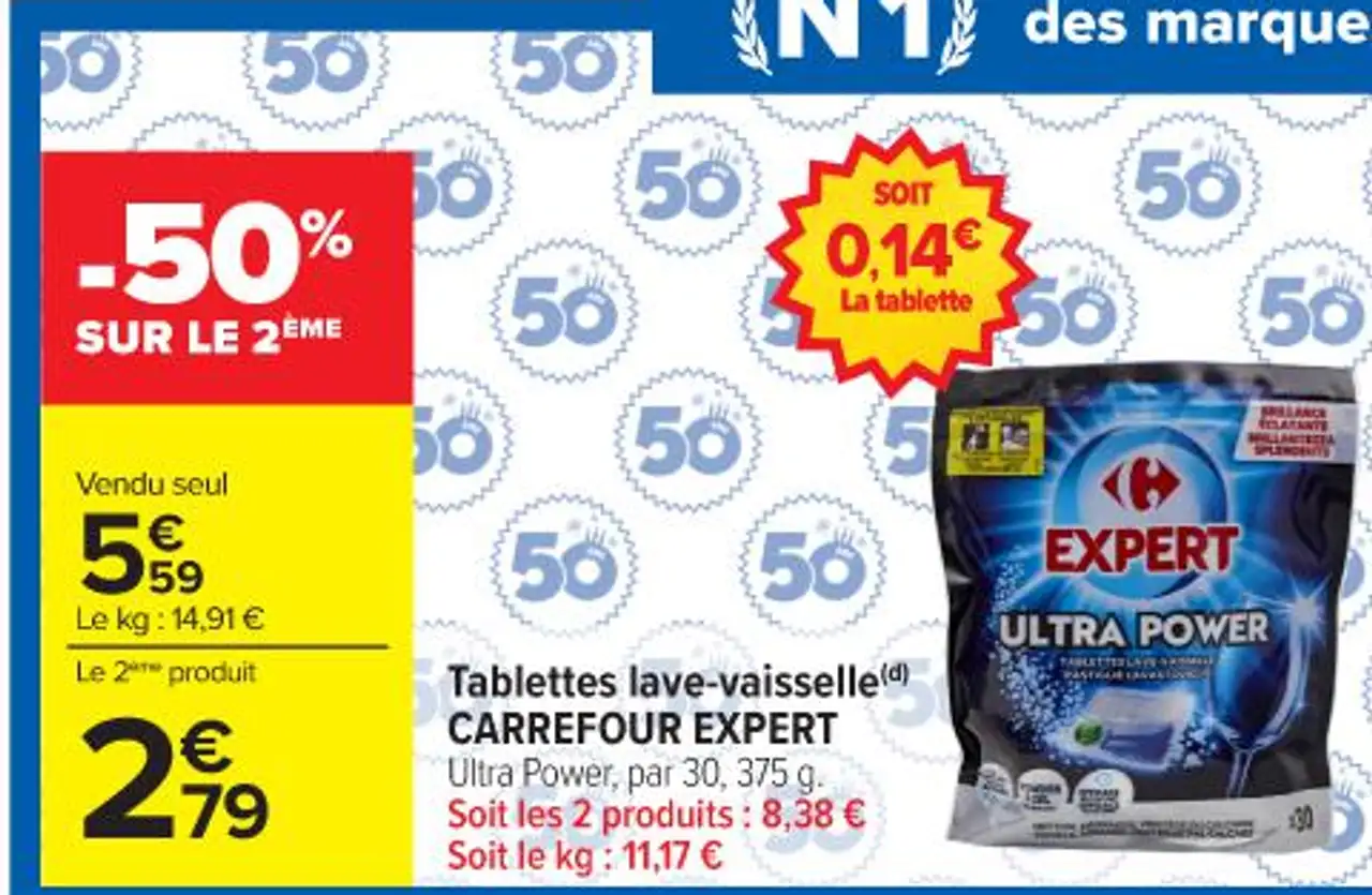 Tablettes lave - vaisselle CARREFOUR EXPERT Ultra Power , par 30 , 375 g .