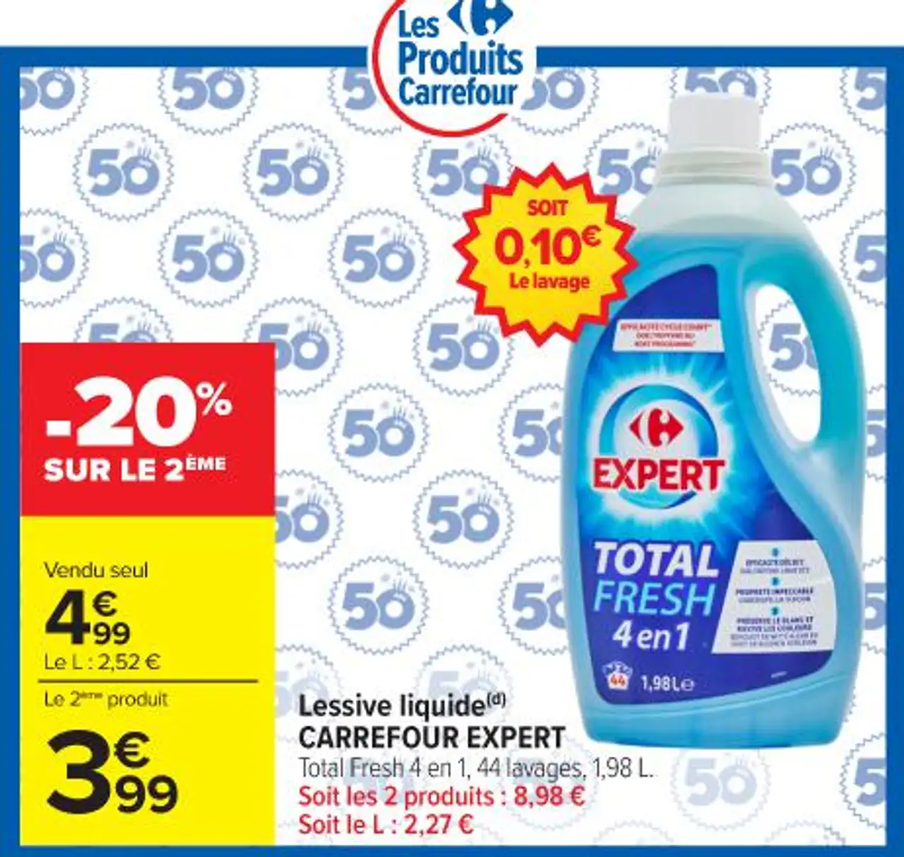 Lessive liquide(d) CARREFOUR EXPERT Total Fresh 4 en 1, 44 lavages, 1,98 L