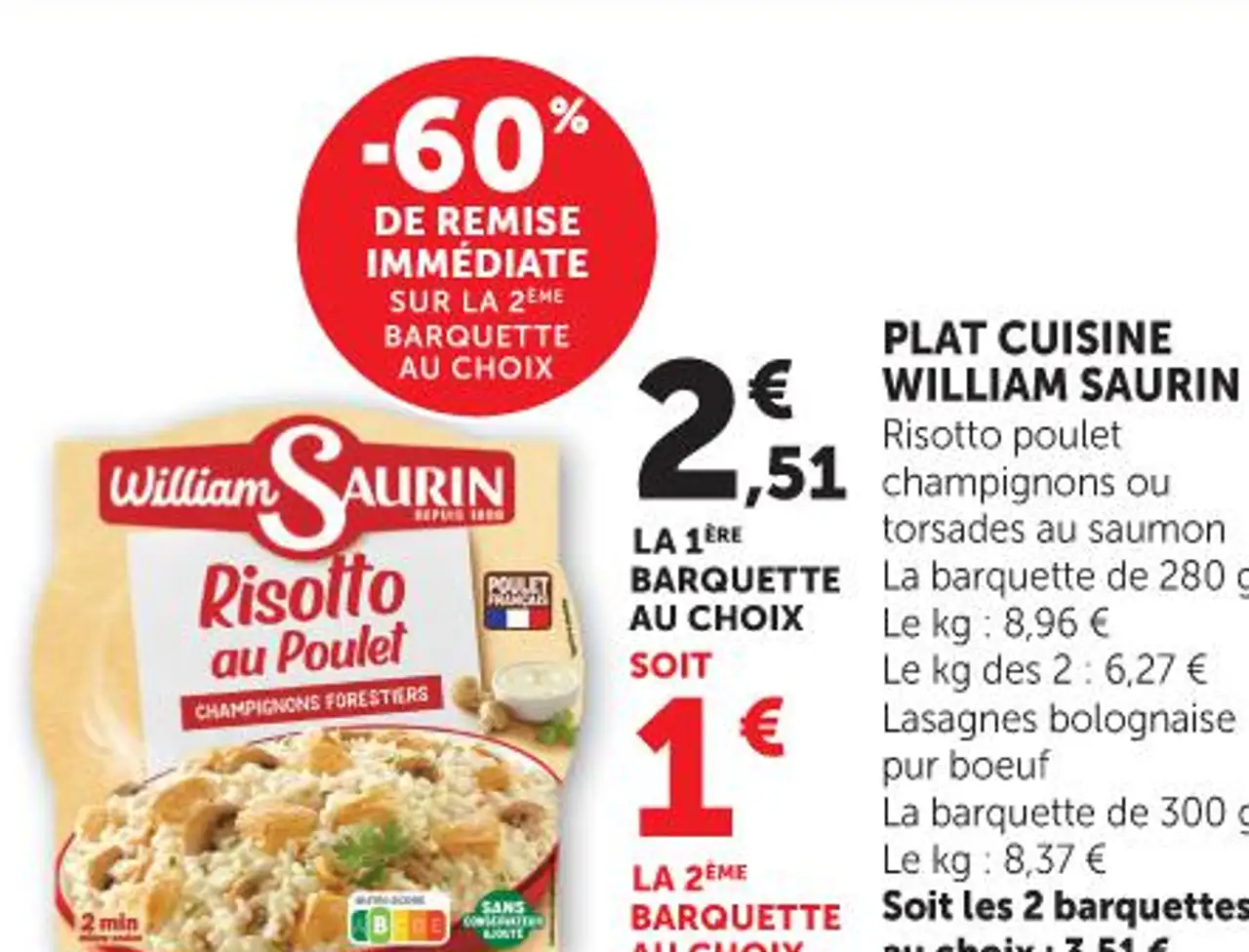 PLAT CUISINE WILLIAM SAURIN Risotto poulet champignons ou torsades au saumon