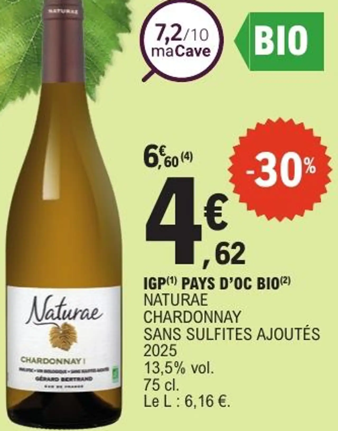 IGP PAYS D'OC BIO NATURAE CHARDONNAY SANS SULFITES AJOUTÉS 2025