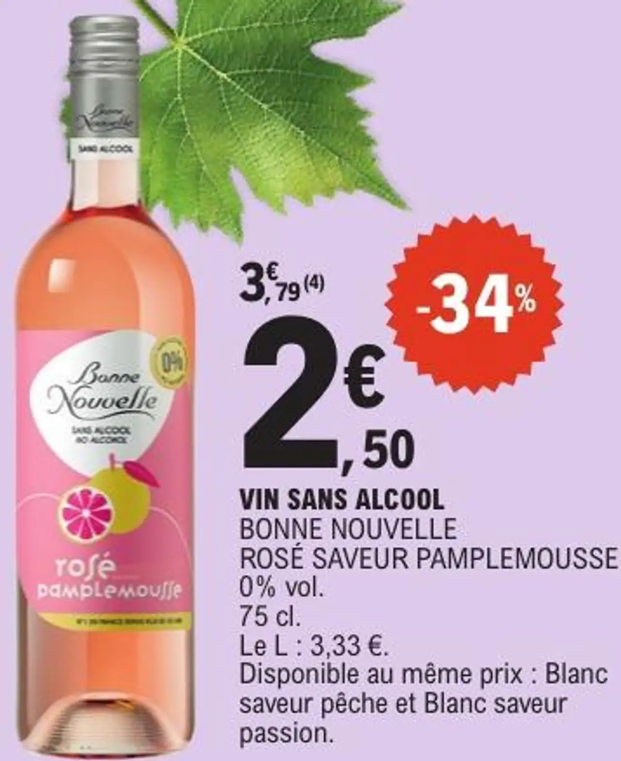 Vin sans alcool Bonne Nouvelle Rosé saveur pamplemousse 0% vol. 75 cl.