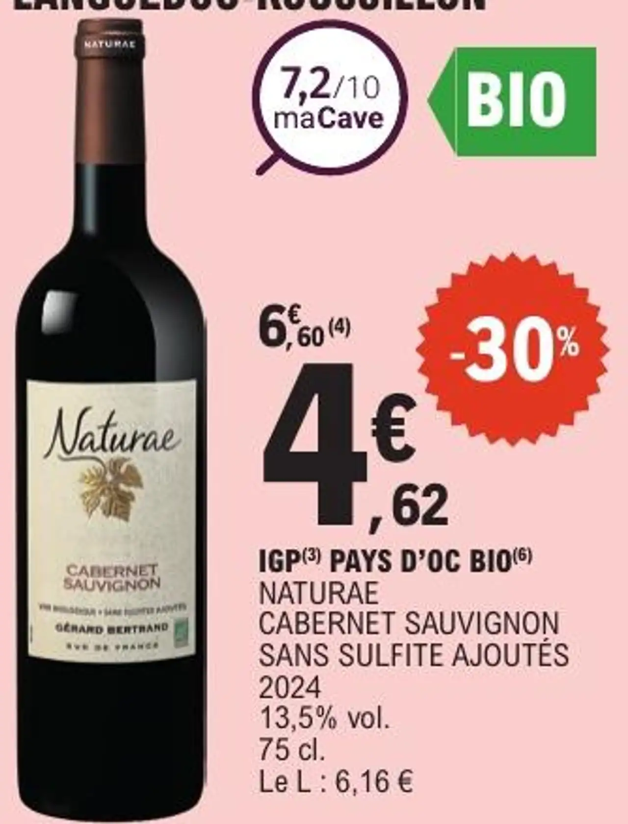 IGP(3) PAYS D'OC BIO(6) NATURAE CABERNET SAUVIGNON SANS SULFITE AJOUTÉS 2024