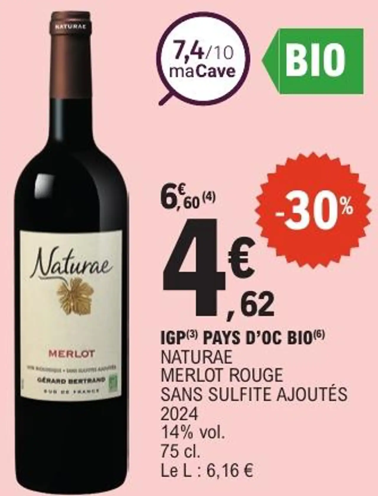 IGP(3) PAYS D'OC BIO(6) NATURAE MERLOT ROUGE SANS SULFITE AJOUTÉS 2024