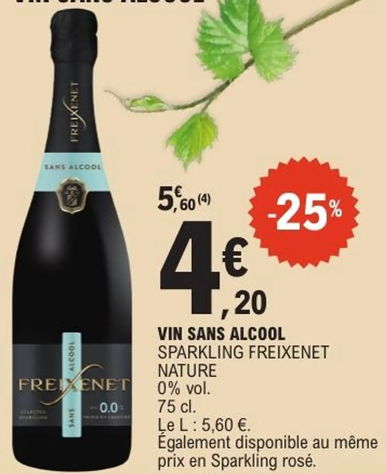 VIN SANS ALCOOL SPARKLING NATURE FREIXENET 0% vol. 75 cl.