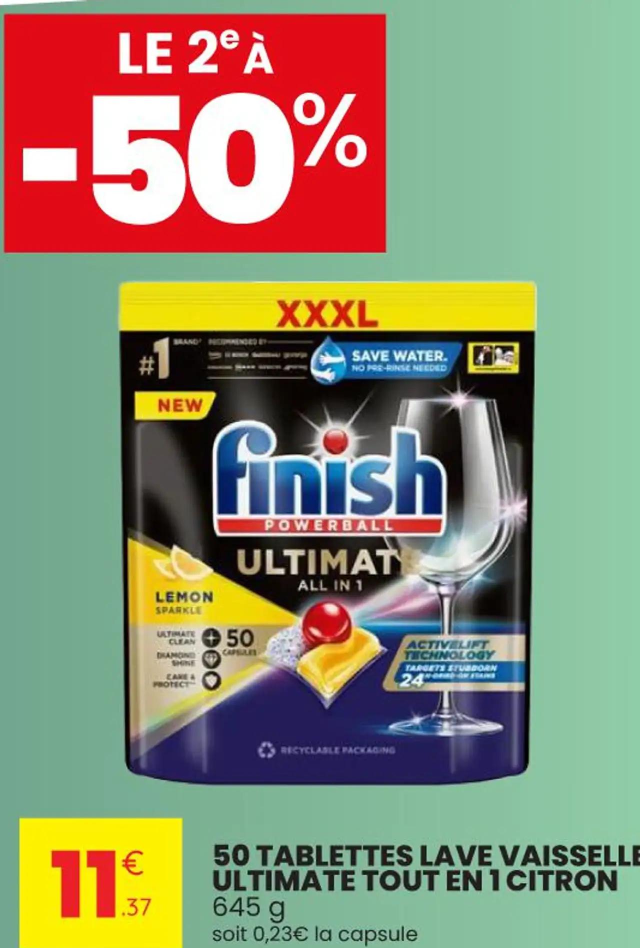 50 TABLETTES LAVE VAISSELLE ULTIMATE TOUT EN 1 CITRON 645 g soit 0,23€ la capsule