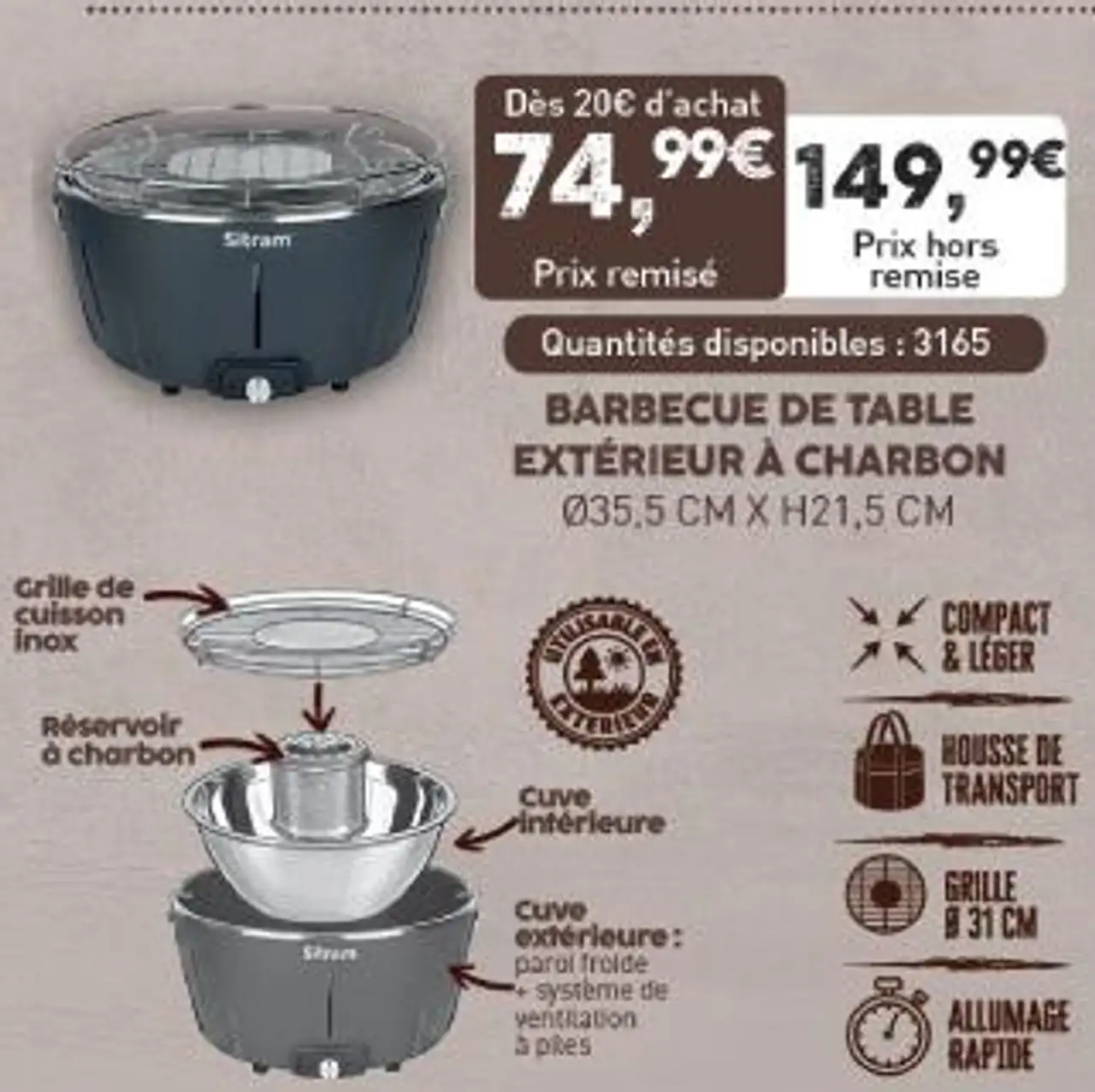 BARBECUE DE TABLE EXTÉRIEUR À CHARBON