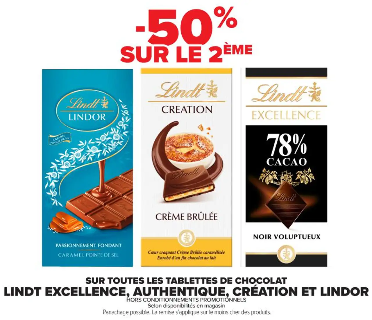 Toutes les tablettes de chocolat LINDT EXCELLENCE, AUTHENTIQUE, CRÉATION et LINDOR