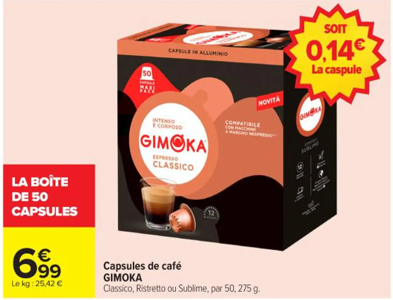 Capsules de café GIMOKA Classico, Ristretto ou Sublime, par 50, 275 g.