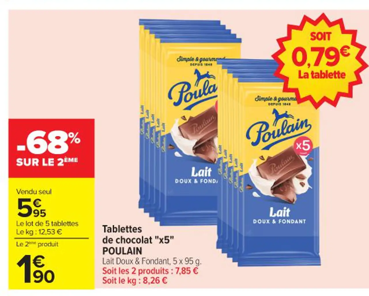 Tablettes de chocolat "x5" POULAIN Lait Doux & Fondant, 5 x 95 g.