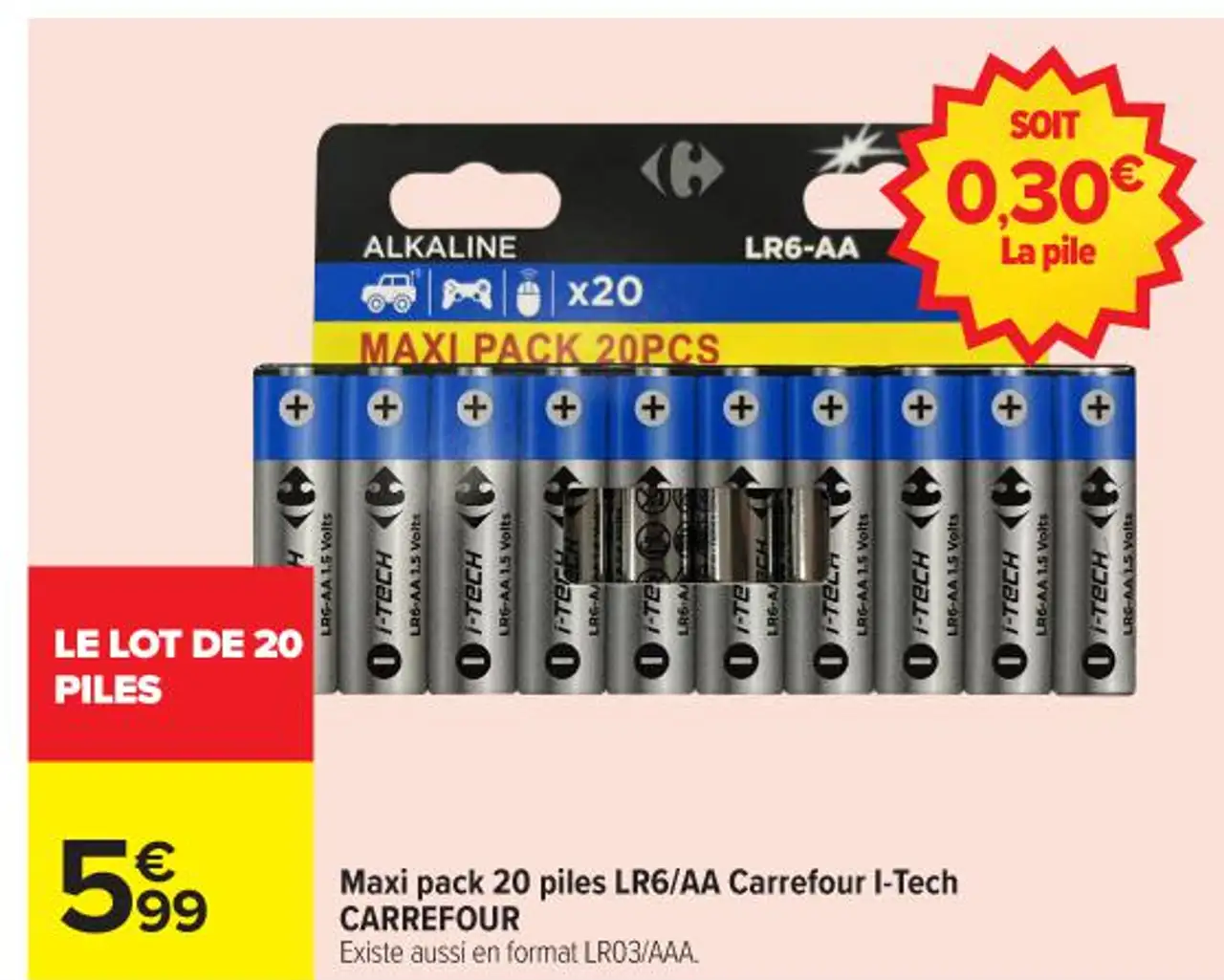 Maxi pack 20 piles LR6/AA Carrefour I-Tech