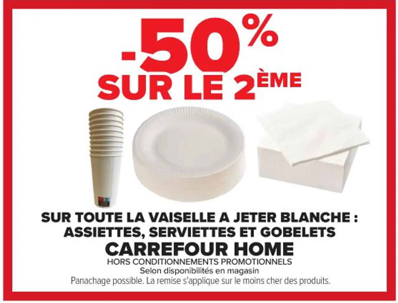 SUR TOUTE LA VAISELLE A JETER BLANCHE : ASSIETTES, SERVIETTES ET GOBELETS