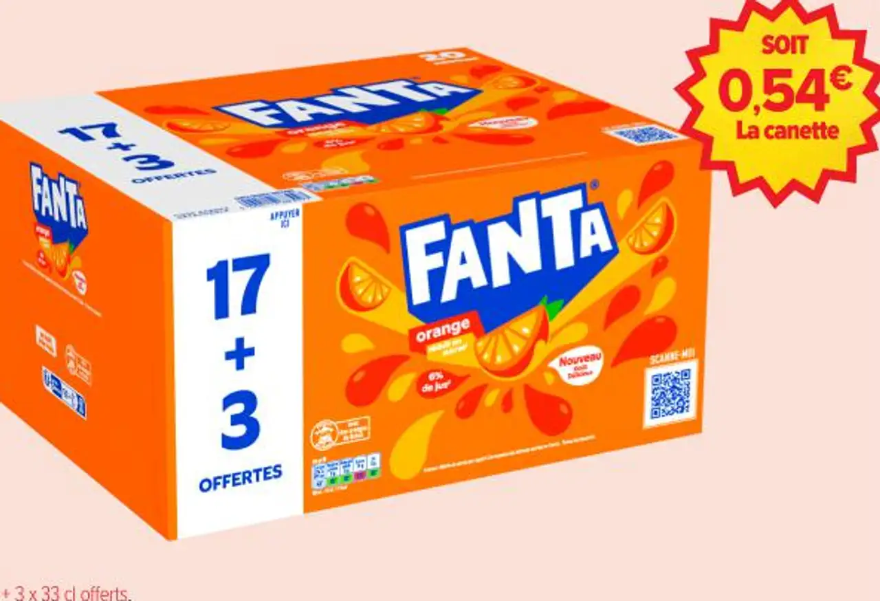 Soda FANTA Orange, 17 x 33 cl + 3 x 33 cl offerts