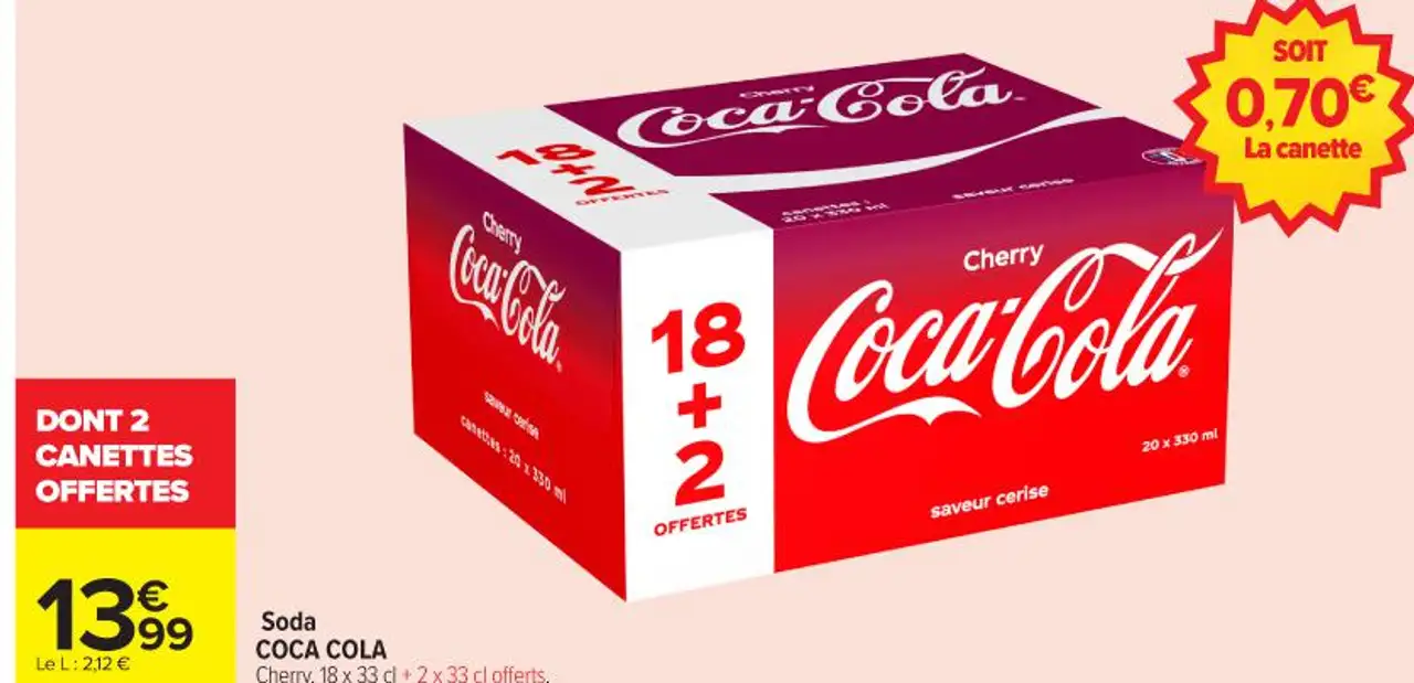 Soda COCA COLA Cherry, 18 x 33 cl + 2 x 33 cl offerts