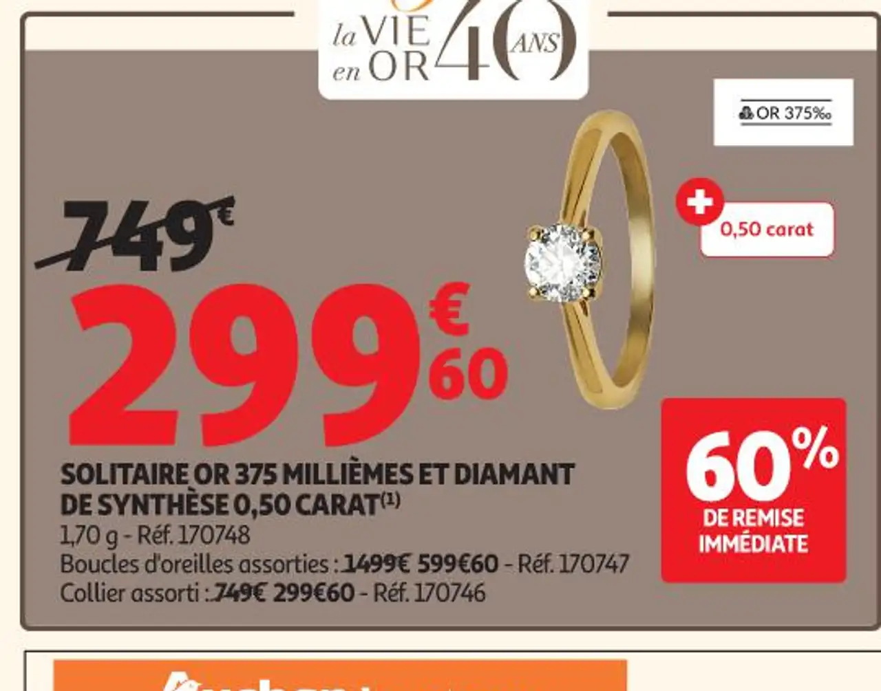 SOLITAIRE OR 375 MILLIÈMES ET DIAMANT DE SYNTHÈSE 0,50 CARAT (1)