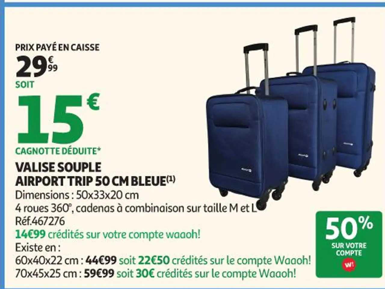 Valise souple Airport trip 50 cm bleue