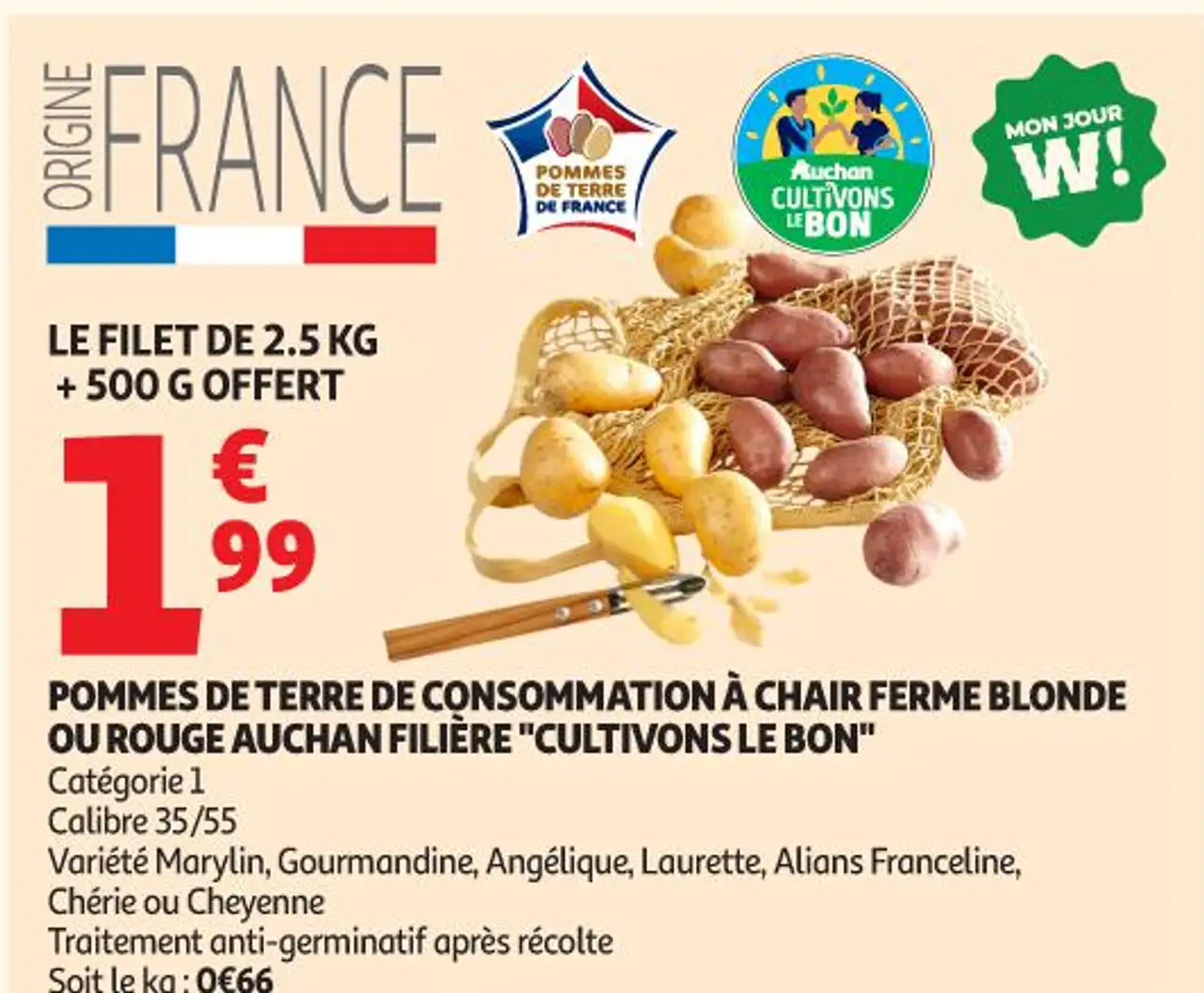 POMMES DE TERRE DE CONSOMMATION À CHAIR FERME BLONDE OU ROUGE AUCHAN FILIÈRE "CULTIVONS LE BON"