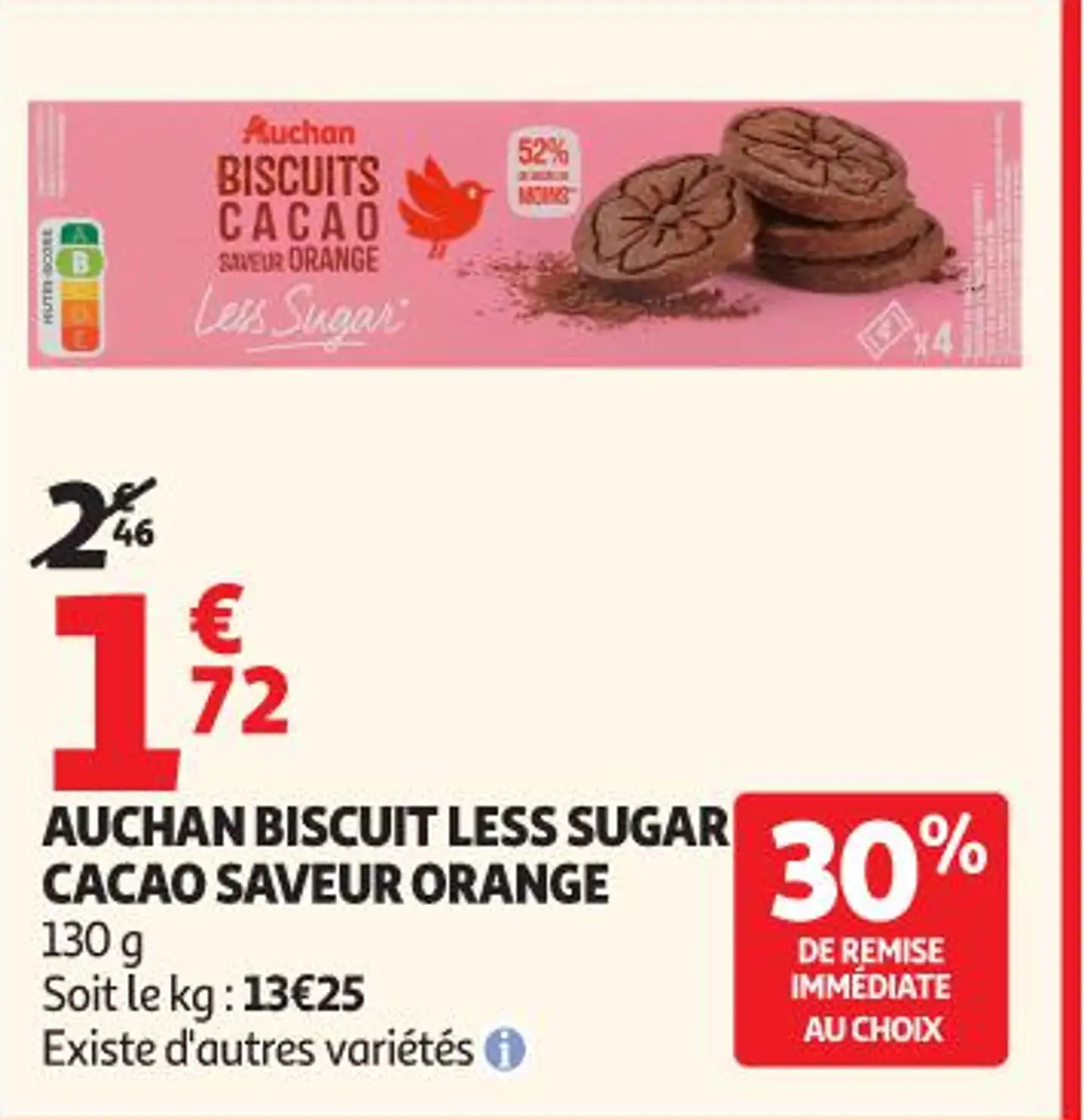 AUCHAN BISCUIT LESS SUGAR CACAO SAVEUR ORANGE