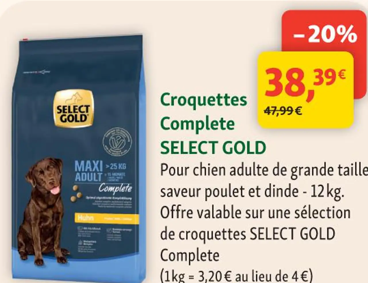 Croquettes Complete SELECT GOLD Pour chien adulte de grande taille saveur poulet et dinde - 12 kg.