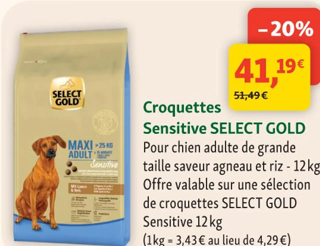 Croquettes Sensitive SELECT GOLD Pour chien adulte de grande taille saveur agneau et riz - 12 kg.