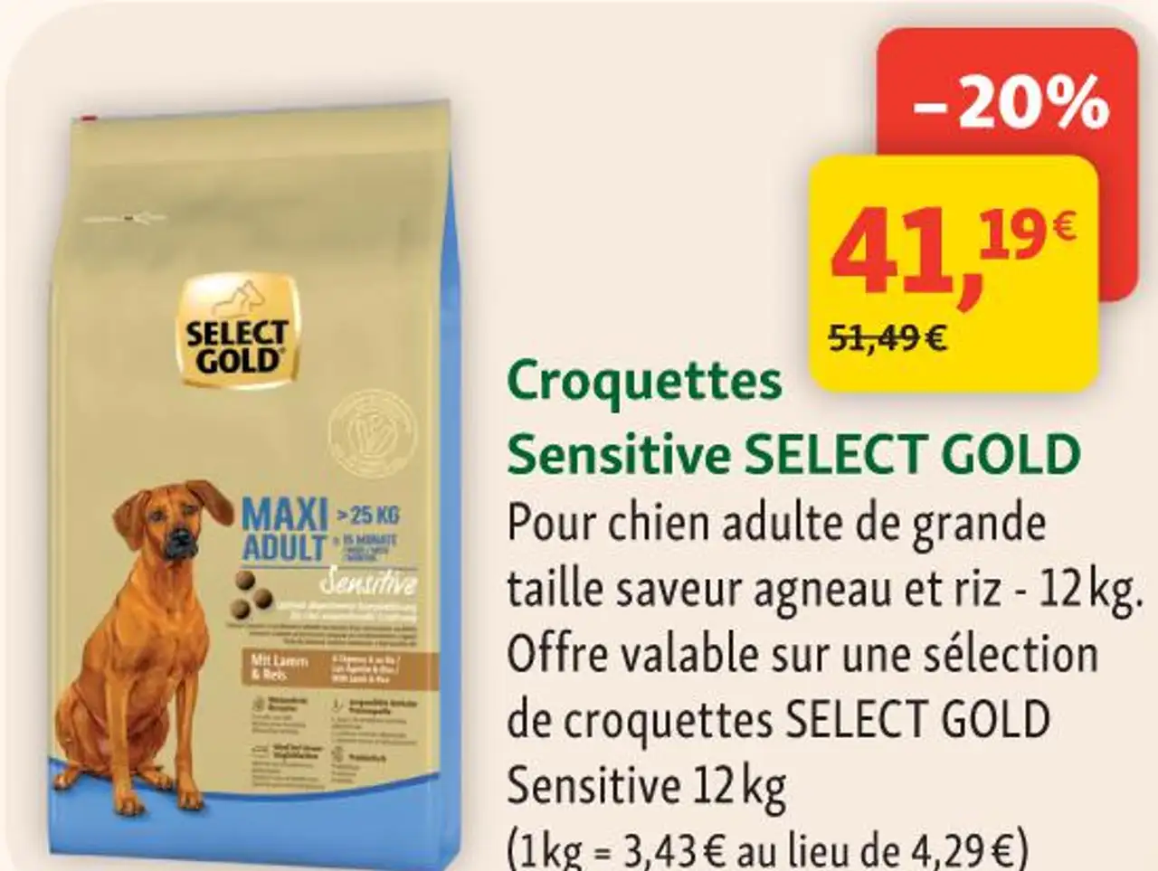 Croquettes Sensitive SELECT GOLD Pour chien adulte de grande taille saveur agneau et riz - 12 kg