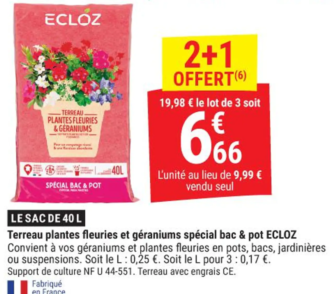 Terreau plantes fleuries et géraniums spécial bac & pot ECLOZ