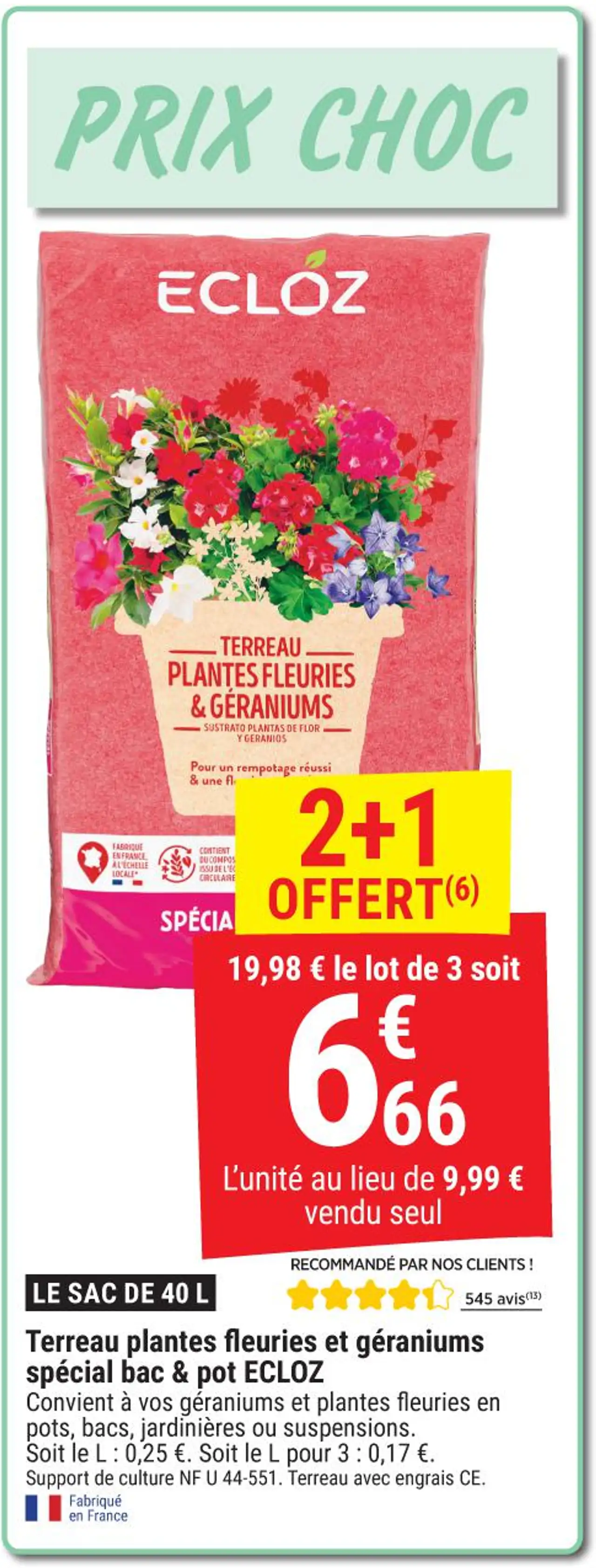 Terreau plantes fleuries et géraniums spécial bac & pot ECLOZ