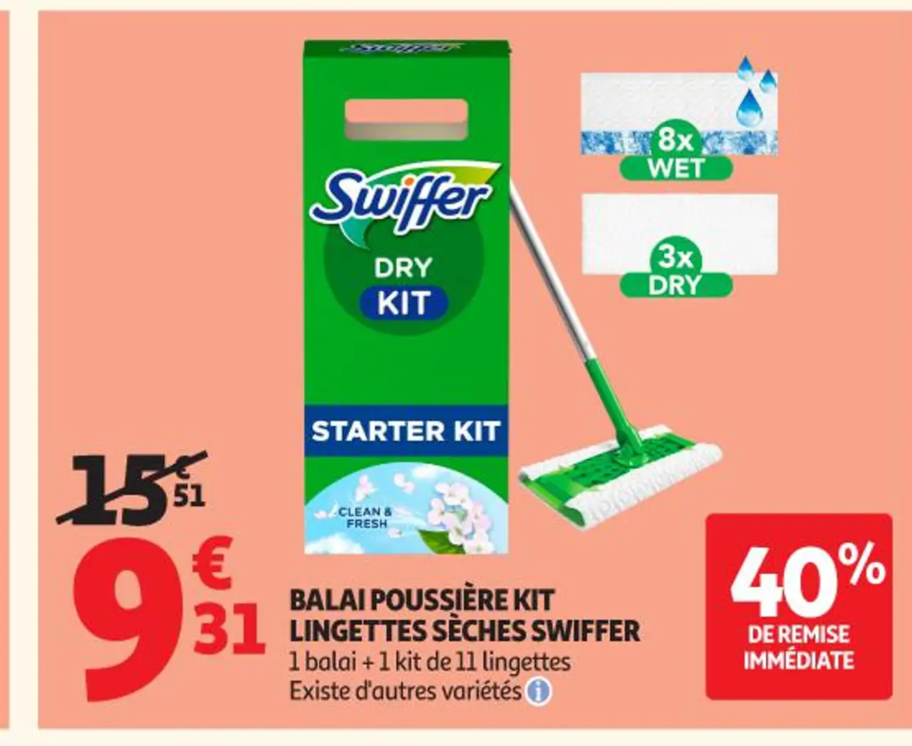 BALAI POUSSIÈRE KIT LINGETTES SÈCHES SWIFFER 1 balai + 1 kit de 11 lingettes