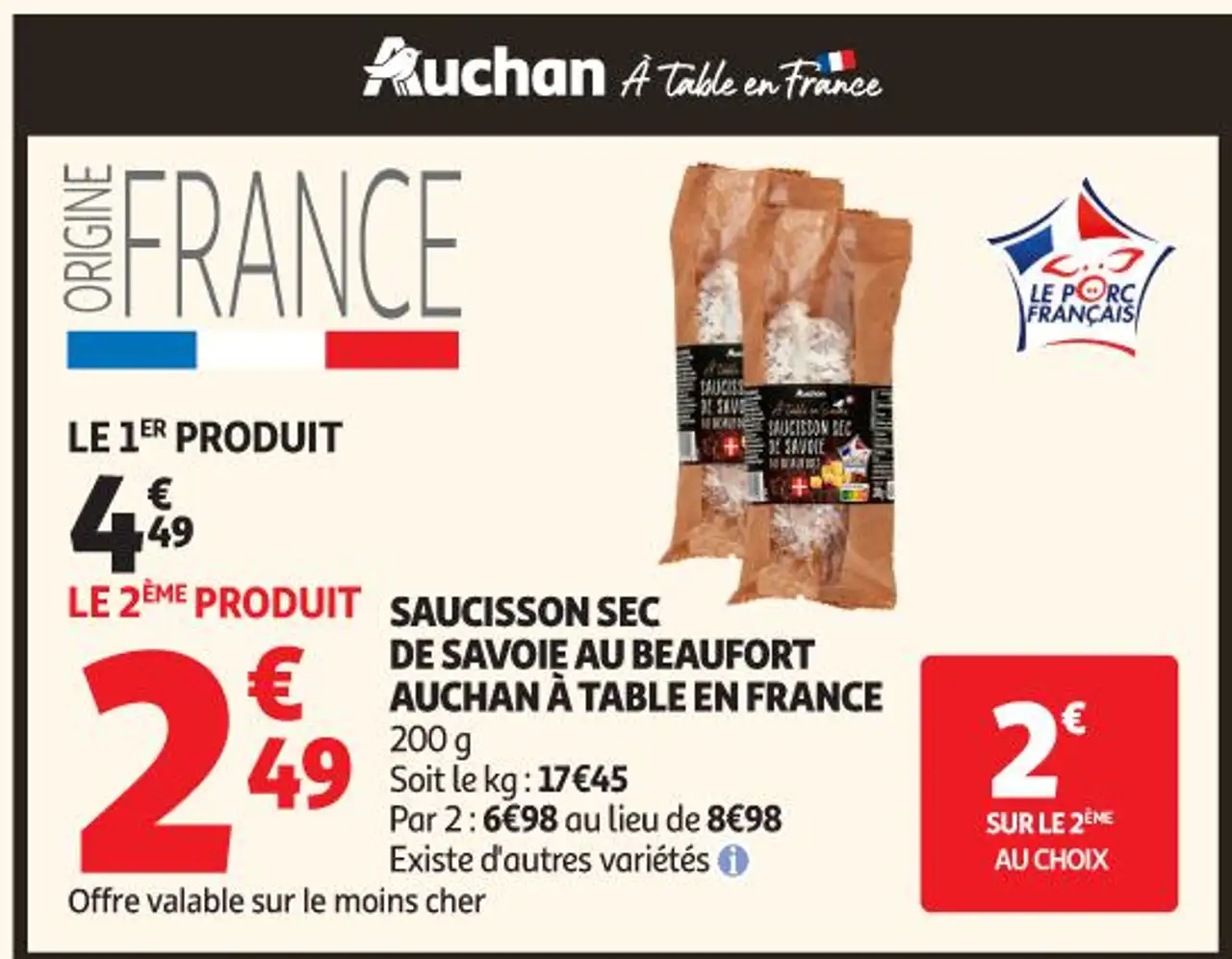 SAUCISSON SEC DE SAVOIE AU BEAUFORT AUCHAN À TABLE EN FRANCE