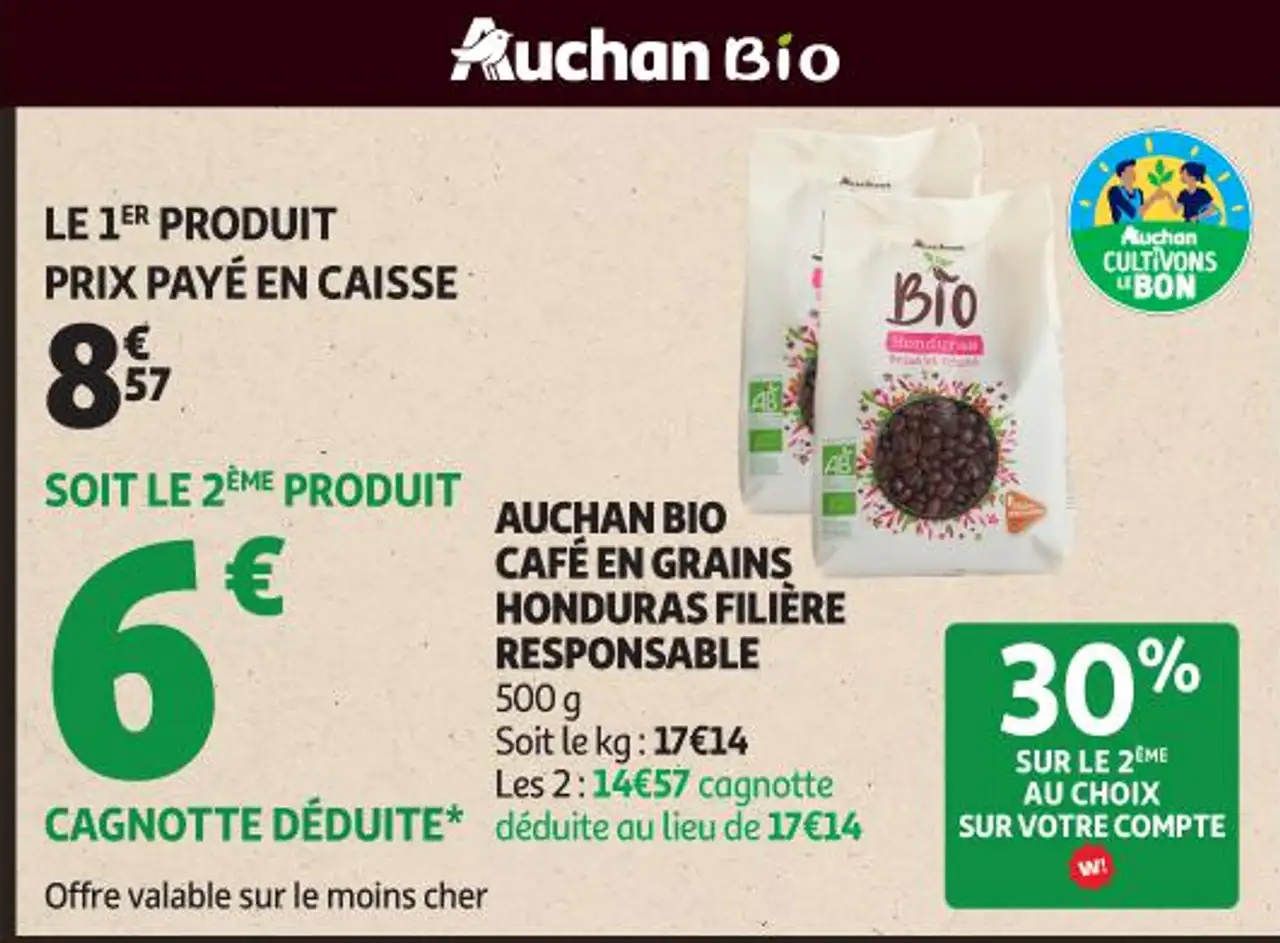 AUCHAN BIO CAFÉ EN GRAINS HONDURAS FILIÈRE RESPONSABLE