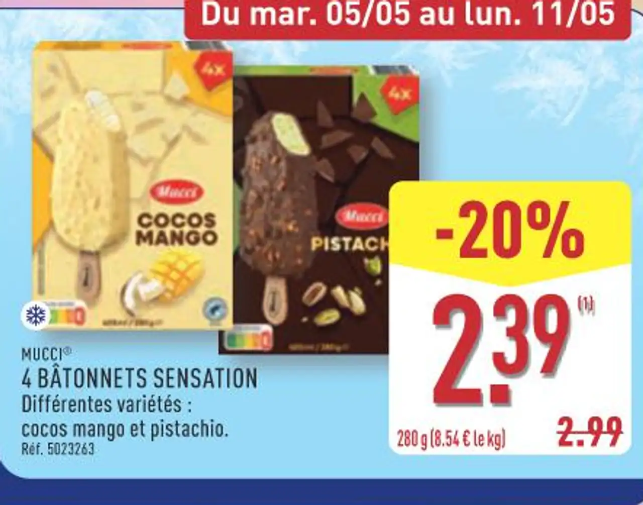 MUCCI 4 BÂTONNETS SENSATION Différentes variétés : cocos mango et pistachio.