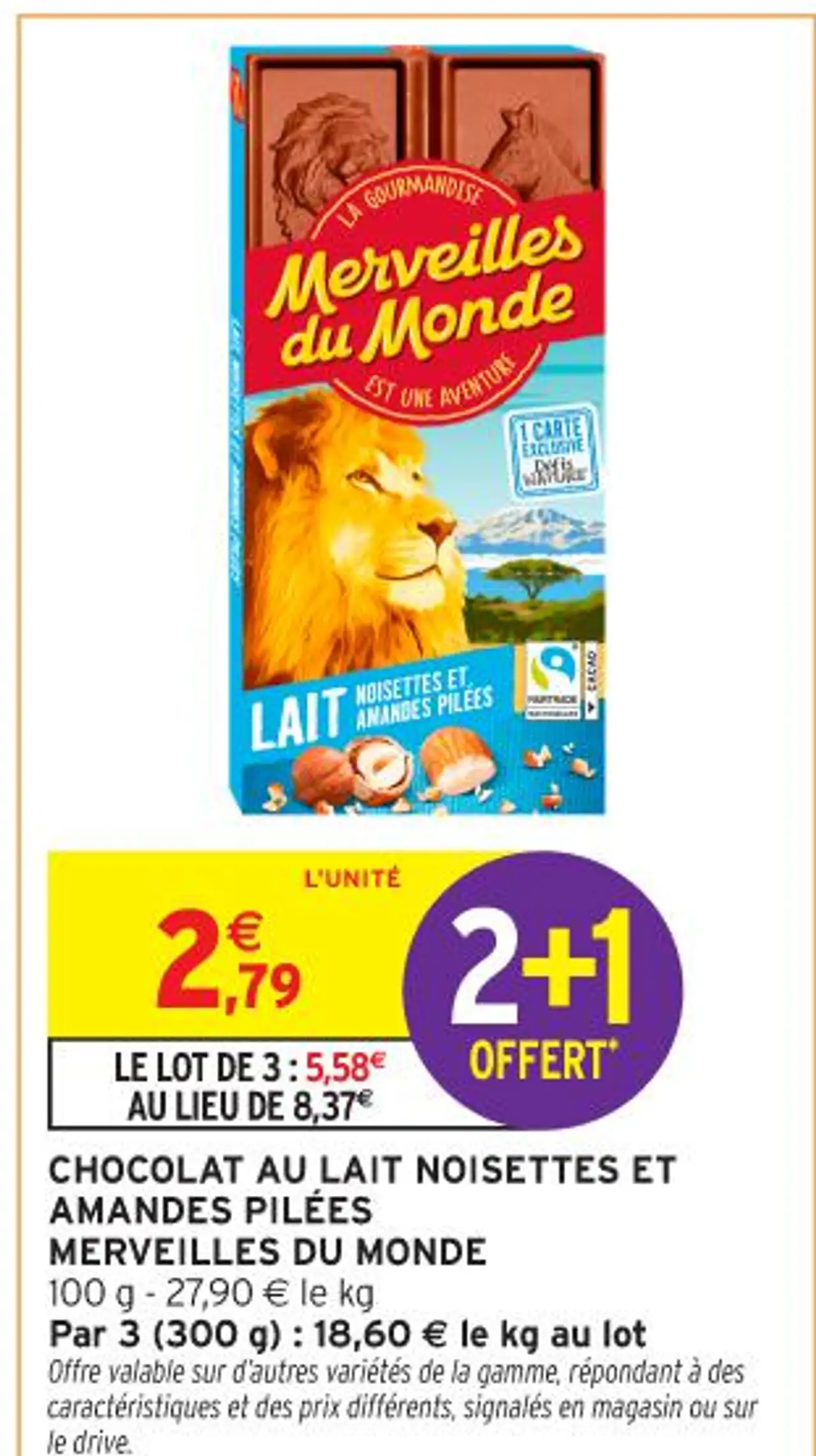 CHOCOLAT AU LAIT NOISETTES ET AMANDES PILÉES MERVEILLES DU MONDE